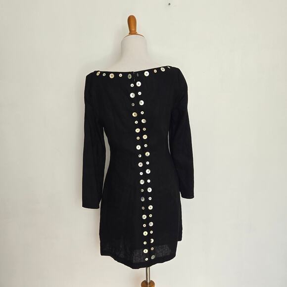 Staud Chiara Dress Linen Black Mother Of Pearl Buttonw Long Sleeve Women 6 - Picture 4 of 13